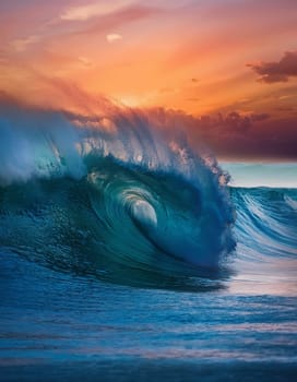 Powerful ocean wave against a vibrant sunset background. Translucent blue and green water hues contrasts with the warm orange and pink tones of the sky, creating a dynamic and visually striking scene