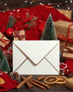 White golden trimmed envelope near Christmas decor, trees and red knitted sweater on wooden table closeup, place for text. Winter atmospheric mock up, family holiday time