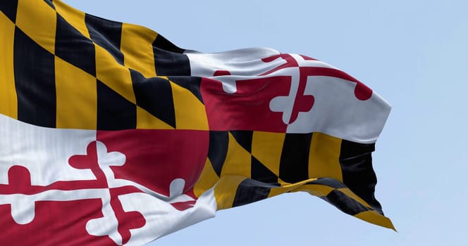 close-up of Maryland state flag waving on a clear day. Four quadrants with the colors of the Calvert and Crossland families. 3d illustration render. Fluttering fabric