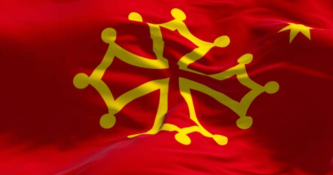 Close-up of Occitanie region flag waving in the wind. Administrative region of metropolitan France excluding Corsica. 3d illustration render. Rippling fabric. Textured background