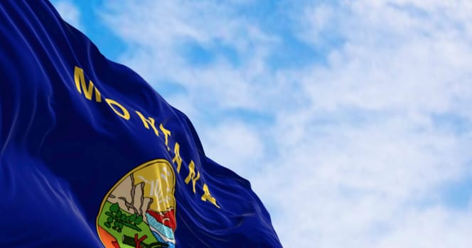 Close-up of Montana state flag waving the wind on a clear day. 3d illustration render. Rippled fabric