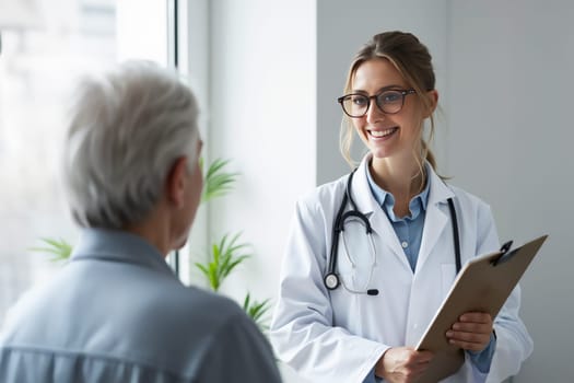 Professional female doctor with a stethoscope consulting an elderly patient in a modern, bright clinic. Concept of healthcare, trust, and professional medical service