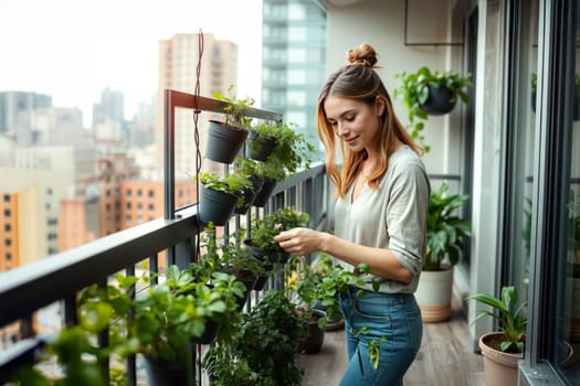 Smiling young woman taking care of plants on a balcony with a cityscape view. Concept of urban gardening, sustainability, and connection with nature in modern living