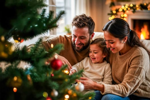 oyful family of three decorating a Christmas tree in a warmly lit living room. Concept of holiday traditions, family bonding, and festive celebration.