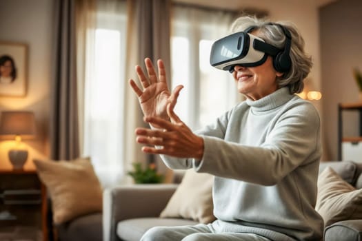 Elderly woman using a VR headset in a bright living room. Concept of accessible technology, innovation, and intergenerational engagement.