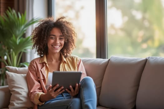 Cheerful young woman relaxing on a comfortable sofa while using a digital tablet. Bright home setting with natural light and green plants. Concept of technology, leisure, and modern living.