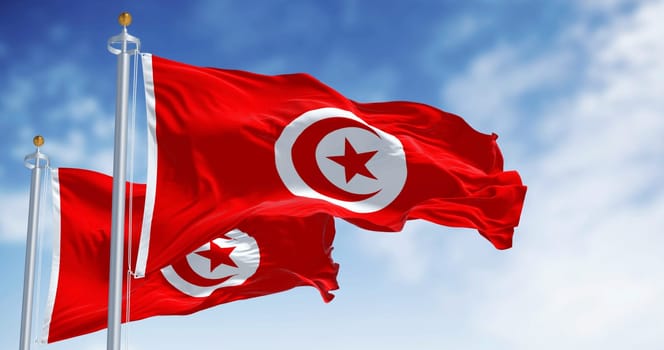 Detail of the Tunisia national flag waving. Red with white circle in center, red star and crescent within circle. Maghreb region. Fabric textured background. Selective focus. 3d illustration render