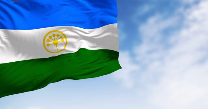 Republic of Bashkortostan flag waving in the wind on a clear day. Republic and federal subject of Russia. 3d illustration render.