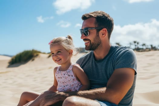 Father and daughter enjoying time together, sitting on a sand dune at gran canaria beach