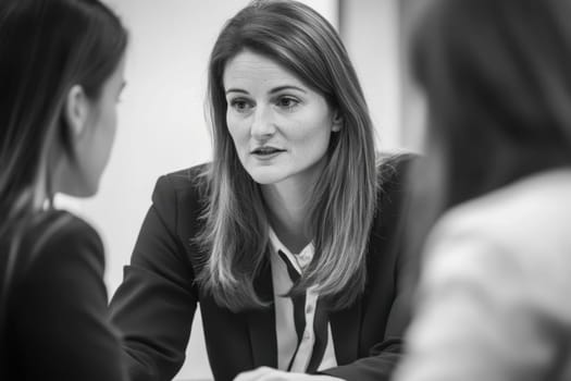 Experienced businesswoman leading a discussion with her team, offering guidance and support in a professional environment
