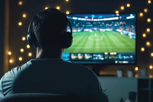 Man wearing headphones watching a soccer game on tv in a dimly lit room with string lights