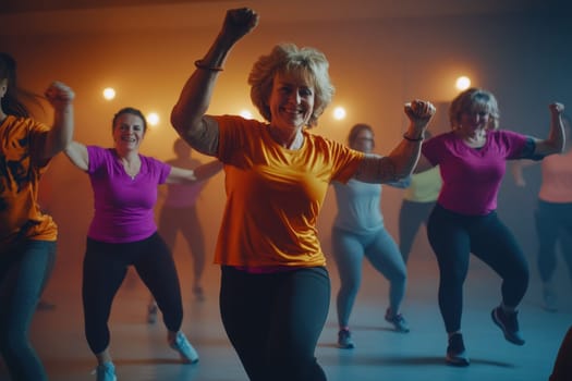 Energetic senior women participating in an aerobics class, promoting active and healthy lifestyles