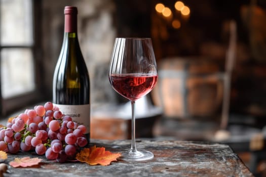 Glass of beaujolais nouveau wine celebrating the new wine in a traditional cellar with grapes and bottle