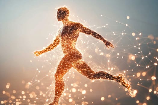 Plexus connections forming a human anatomical shape running, visualizing neural network activity