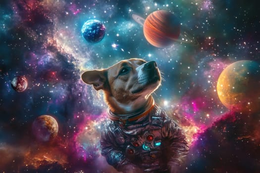 Dog wearing spacesuit floating among planets and nebulae in colorful starry galaxy