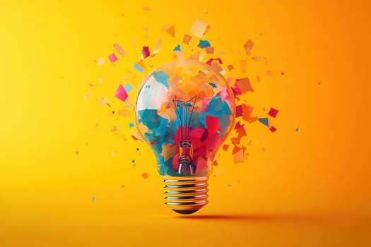 Colorful confetti exploding from a light bulb on a yellow background, representing creativity and innovative thinking