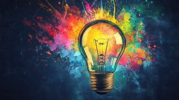 Light bulb exploding with colorful paint splash representing creative inspiration and innovative ideas