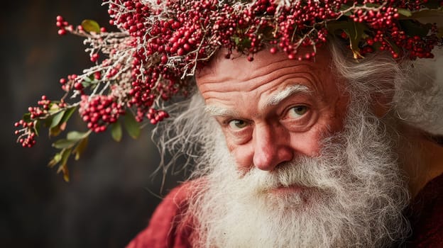 An elderly man with a long white beard and a crown made of berries gazes thoughtfully at the viewer showcasing natures beauty.