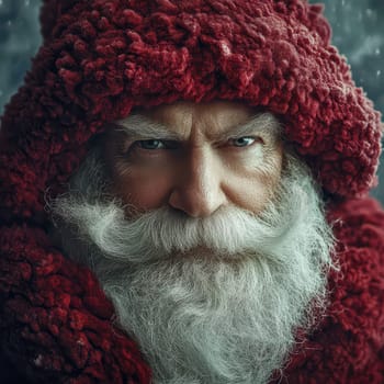 A man dressed as Santa Claus gazes intensely with a serious expression while snow gently falls around him.