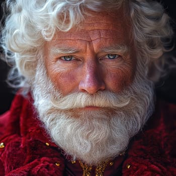 A wise looking elderly man displays a long white beard and intricate red clothing in a winter setting evoking a sense of warmth and tradition.