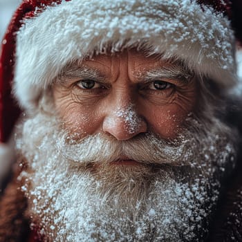 A jolly old man dressed as Santa Claus stands with a snowy beard surrounded by a winter landscape that evokes the festive holiday spirit.