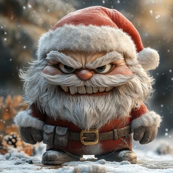 An unusual Santa Claus character stands out with a fierce expression among snowflakes and winter scenery adding a twist to holiday decor.