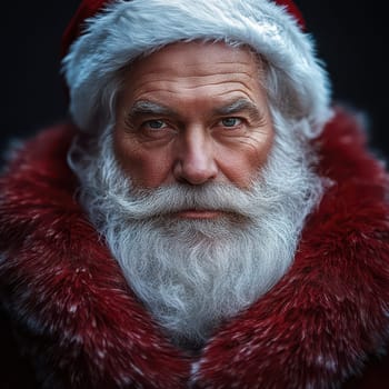 An elderly man with a long white beard and a red hat is gazing directly at the viewer evoking the spirit of Christmas.