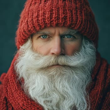 A joyful figure dressed in a red knit hat and scarf celebrating the holiday spirit with a softly lit smile and a full white beard.