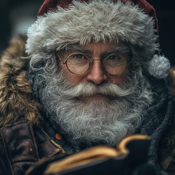 A joyful figure in a Santa hat and glasses reads a book outside while surrounded by a wintery atmosphere and frost.