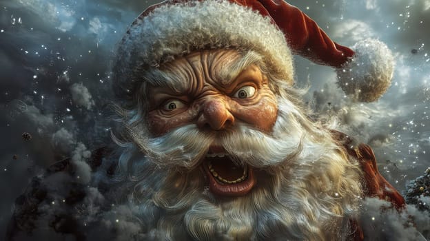 Santa Claus appears with a fierce expression shouting amidst a swirling winter storm capturing a dramatic holiday moment.