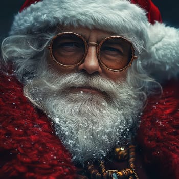 A classic Santa Claus figure with a fluffy beard red coat and round glasses surrounded by gentle snowflakes capturing the festive spirit.