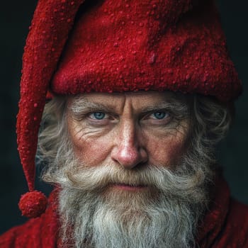 An elderly man with a long white beard and captivating blue eyes wears a vibrant red hat showcasing a sense of wisdom and warmth.