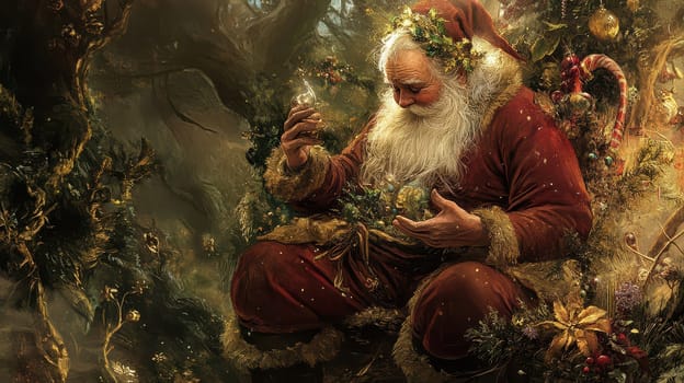 Santa Claus sits peacefully in a lush forest surrounded by greenery and holiday decorations admiring a small ornament.