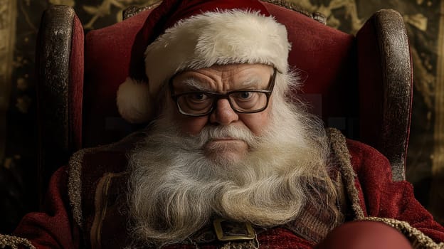 An older man dressed as Santa Claus sits in a plush chair wearing glasses and a festive red outfit with a serious expression.