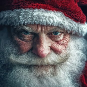 A close up of Santa Claus with a striking gaze showcasing his iconic red hat and white beard set against a winter backdrop.