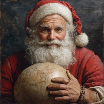 Santa Claus smiles gently while holding a globe ready to map out his journey for Christmas around the world in this cozy atmosphere.