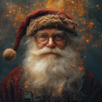 An elderly man dressed as Santa Claus with a rich beard and twinkling eyes stands against a sparkling and colorful backdrop filled with light.