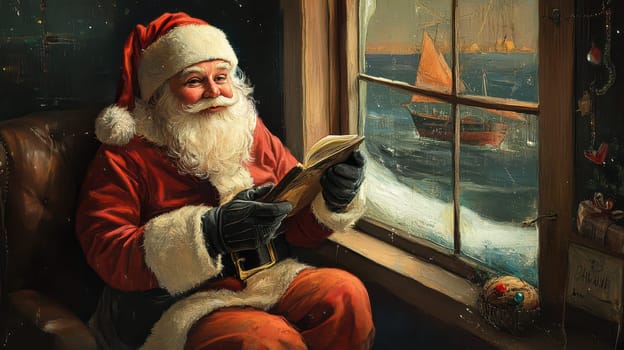 A cheerful Santa Claus enjoys a book by the snowy window watching a ship sailing in the distance on a chilly winter day.