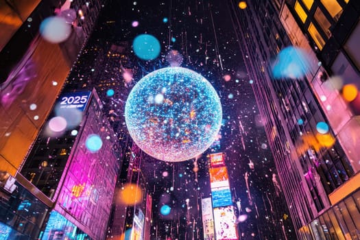 A festive atmosphere fills the city as a giant sparkling orb hangs over the street surrounded by colorful lights and decorations.