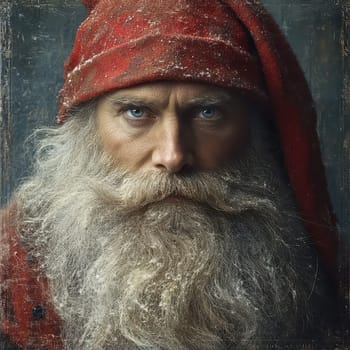 A person dressed as Santa Claus showcasing an intricate beard and a classic red hat is captured with intense blue eyes against a winter backdrop.
