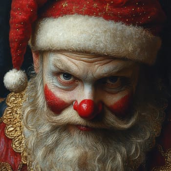 A clown themed Santa with a vibrant red nose and striking makeup stares intensely while wearing a festive costume adorned with gold.