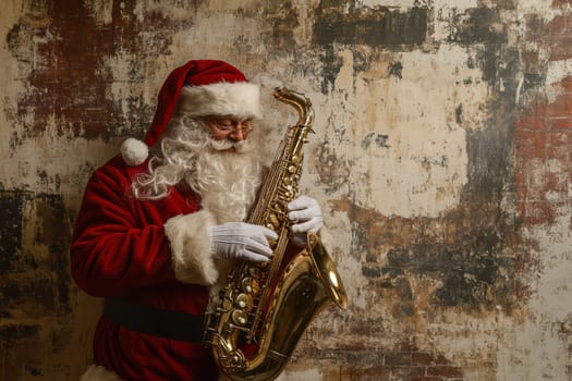 A cheerful figure dressed as Santa Claus plays the saxophone joyfully against a weathered backdrop spreading holiday cheer.
