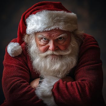 A man dressed as Santa Claus displays a serious expression showcasing his bright red outfit and fluffy white beard during the holiday season.