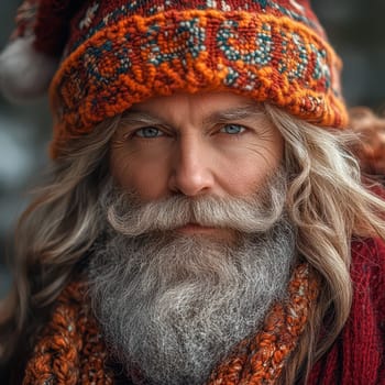 An elderly man with long gray hair and a beard warmly smiles while dressed in a vibrant hat and scarf during the winter.