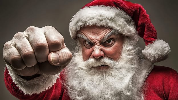 A frustrated Santa Claus raises his fist expressing anger while wearing his classic red outfit in a winter setting.