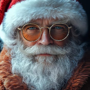 A bearded man dressed as Santa Claus wearing round glasses and a red festive hat exudes warmth and joy during the holiday season.