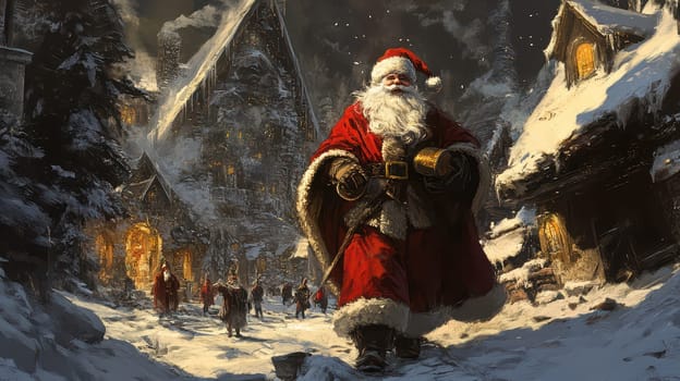 Santa Claus strolls through a winter village surrounded by snow and twinkling lights spreading holiday cheer to everyone nearby.