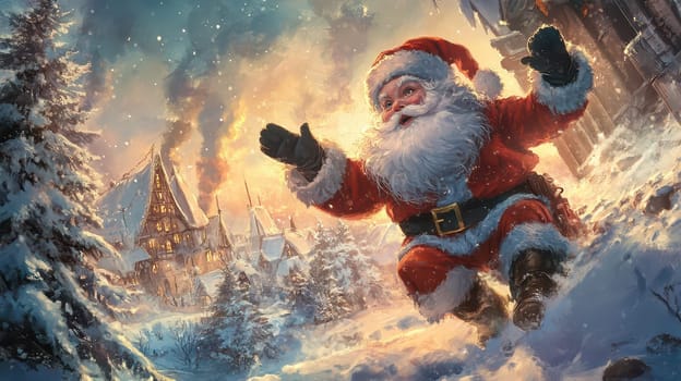 Santa Claus is running through a snow covered village during a festive twilight spreading joy and holiday cheer amidst glowing lights.