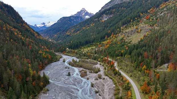 Drone image of Hornbach and the Hochvogel mountain in the Lechtal valley in Tyrol, Austria