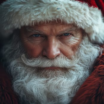 A man dressed as Santa Claus displays a serious expression with a snowy backdrop highlighting his iconic red and white attire during winter.